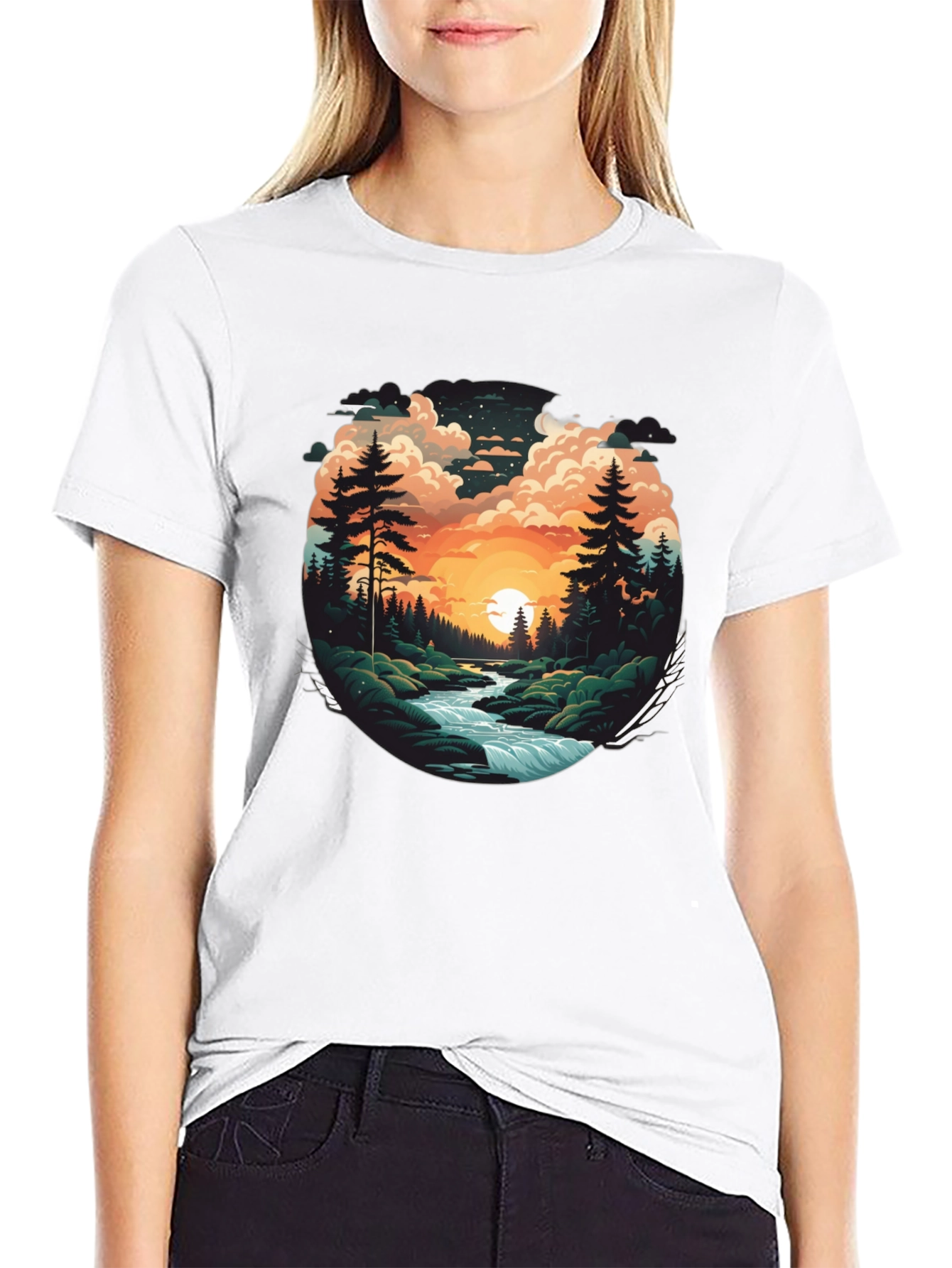 Nature River Sunset Graphic T-Shirt