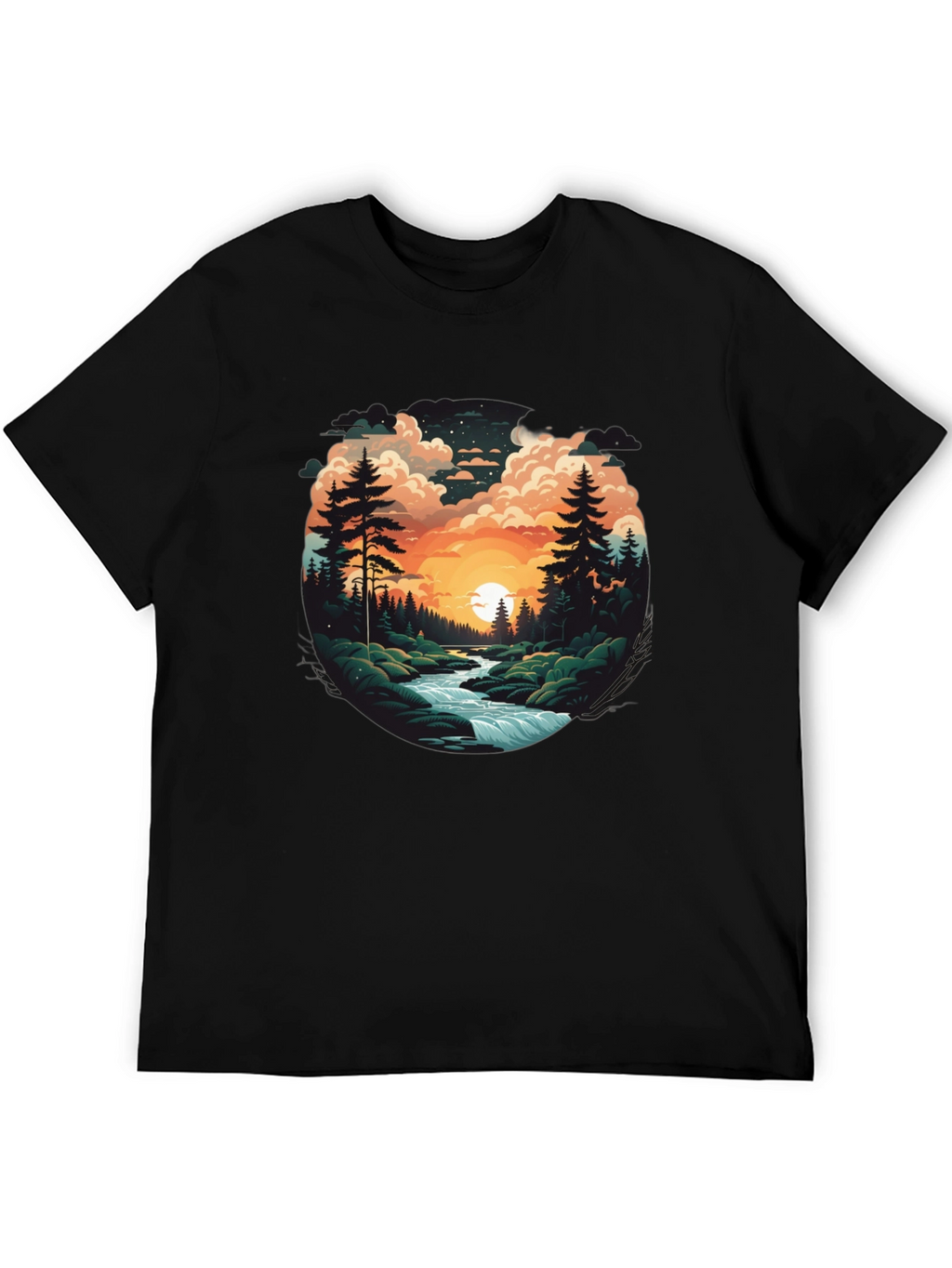 Nature River Sunset Graphic T-Shirt