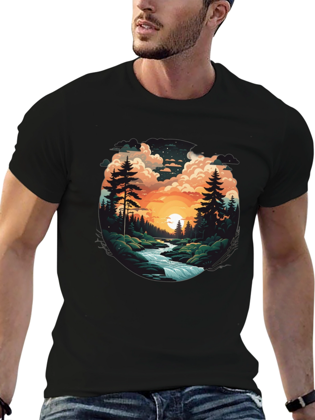 Nature River Sunset Graphic T-Shirt