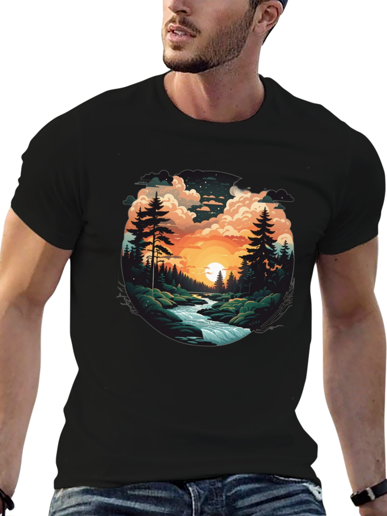 Nature River Sunset Graphic T-Shirt