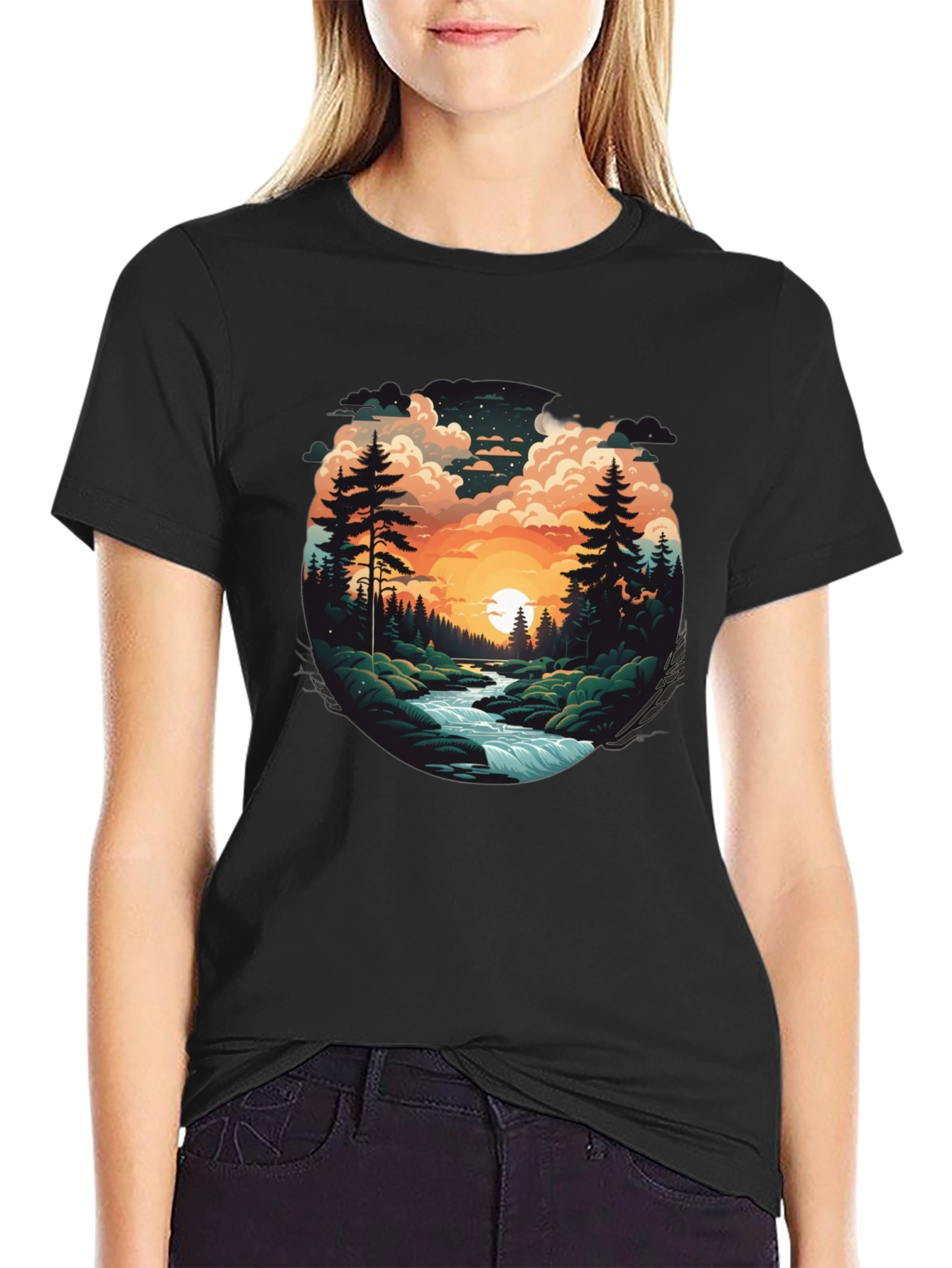 Nature River Sunset Graphic T-Shirt
