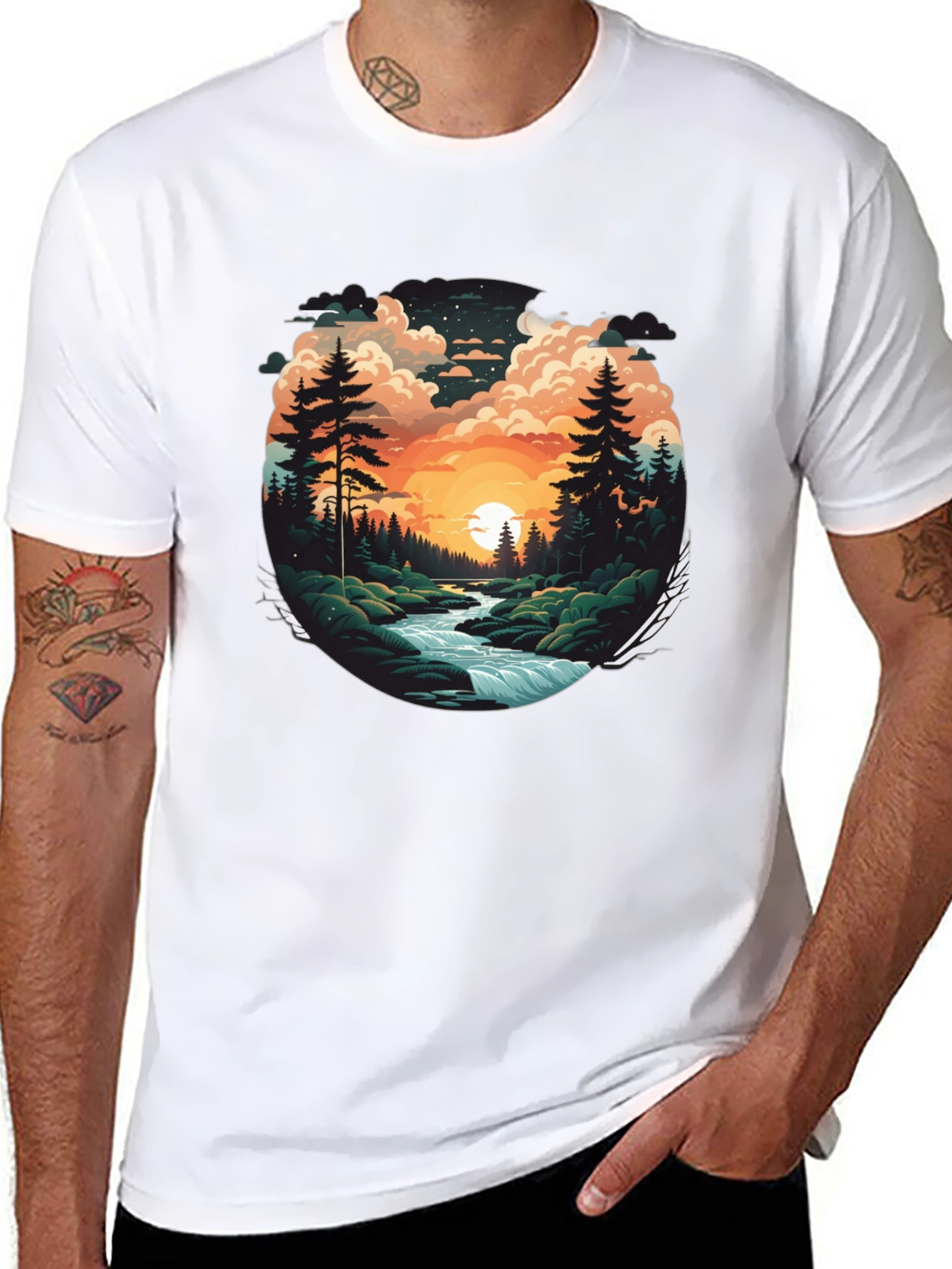 Nature River Sunset Graphic T-Shirt