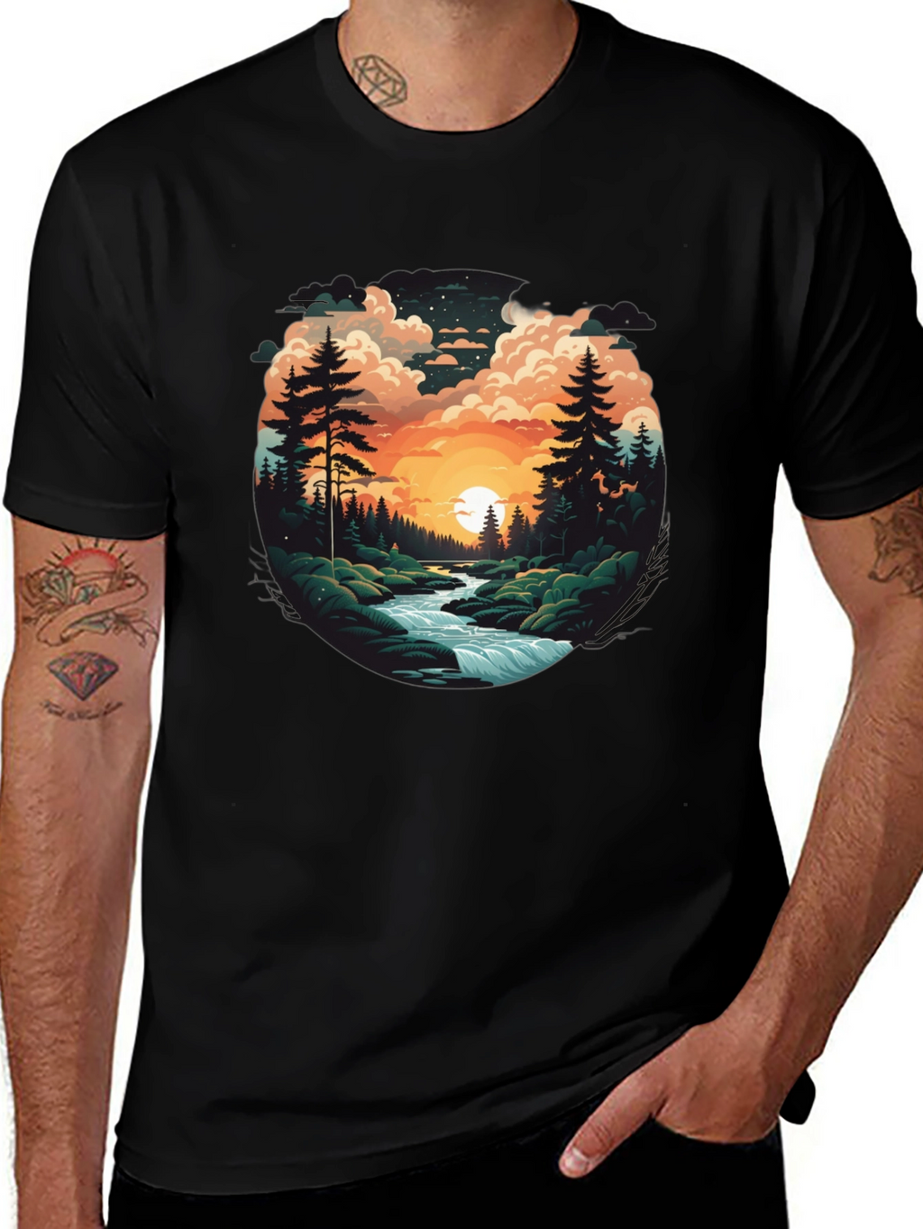 Nature River Sunset Graphic T-Shirt