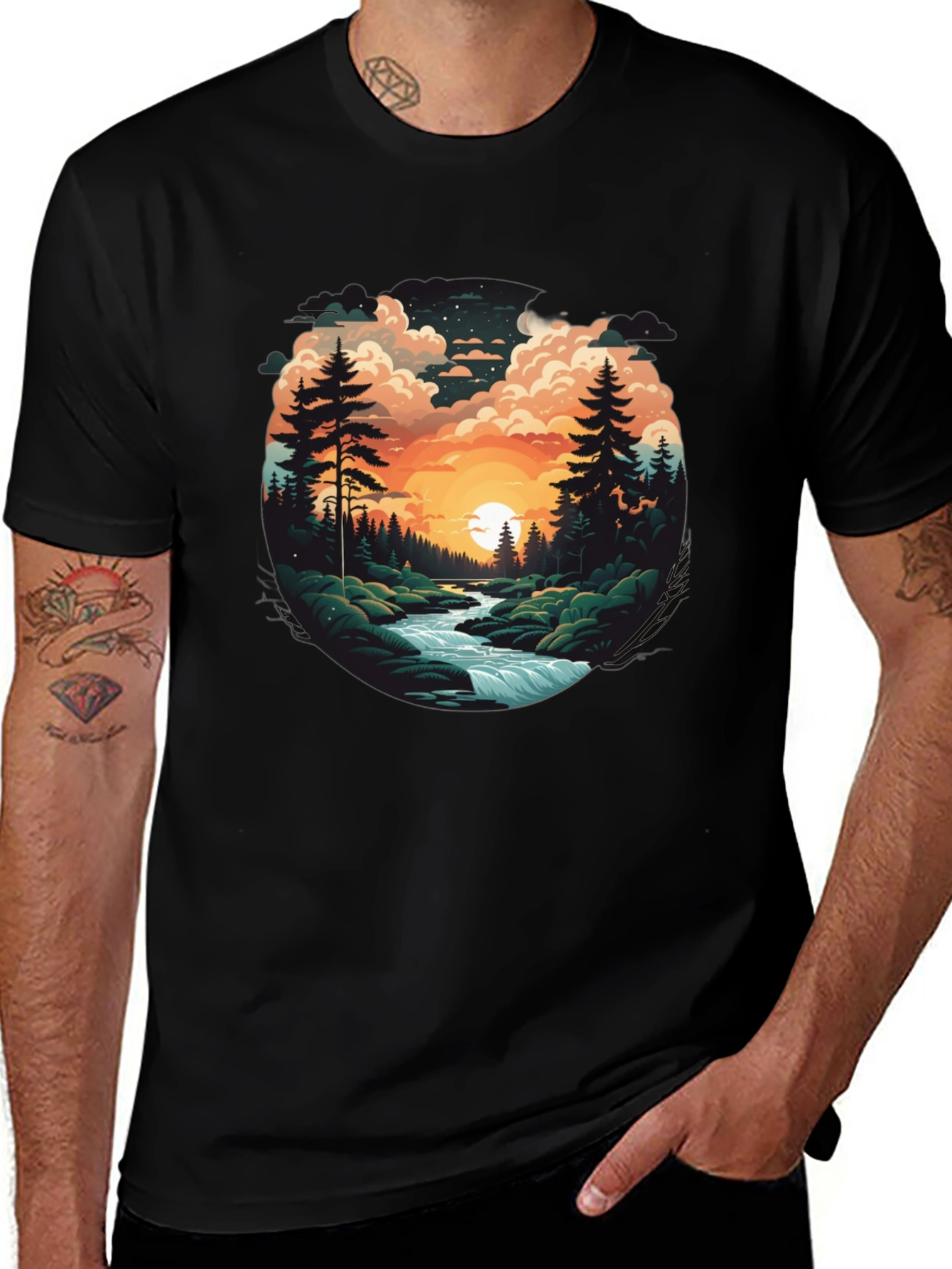 Nature River Sunset Graphic T-Shirt