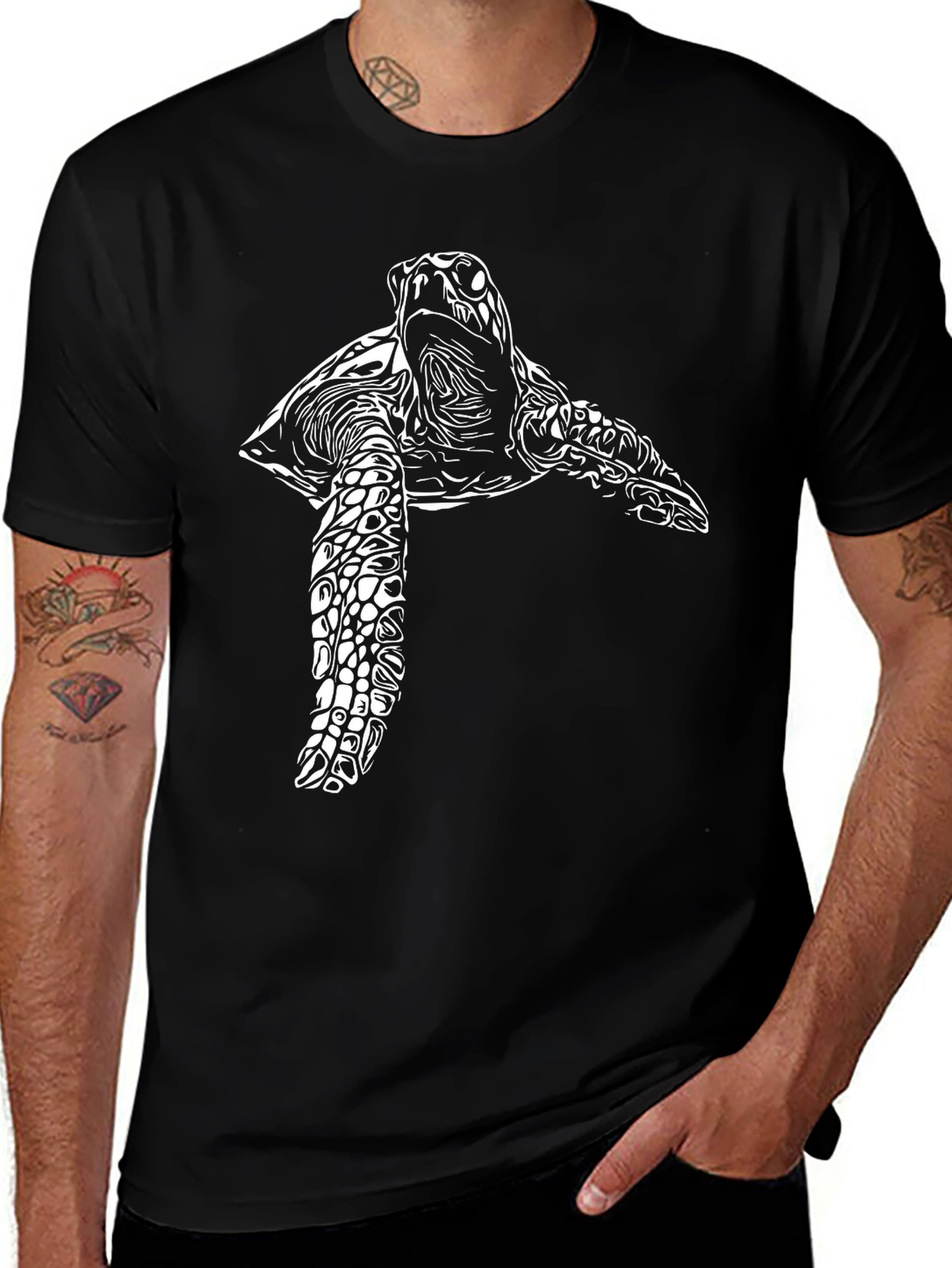 Sea Turtle Graphic Tee - Black Cotton Casual T-Shirt