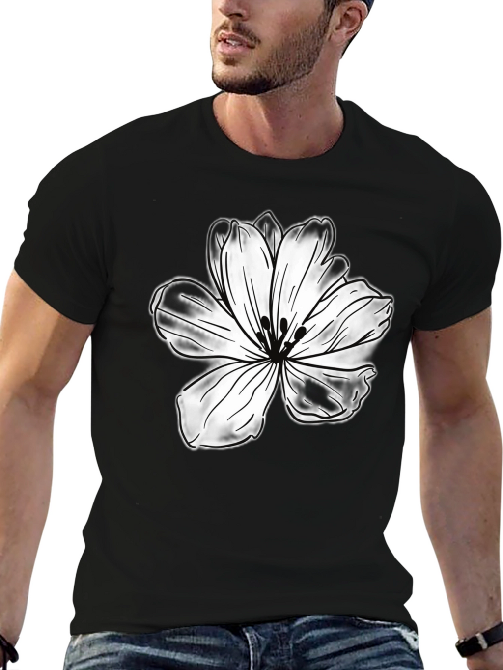 Black T-Shirt with White Flower Graphic