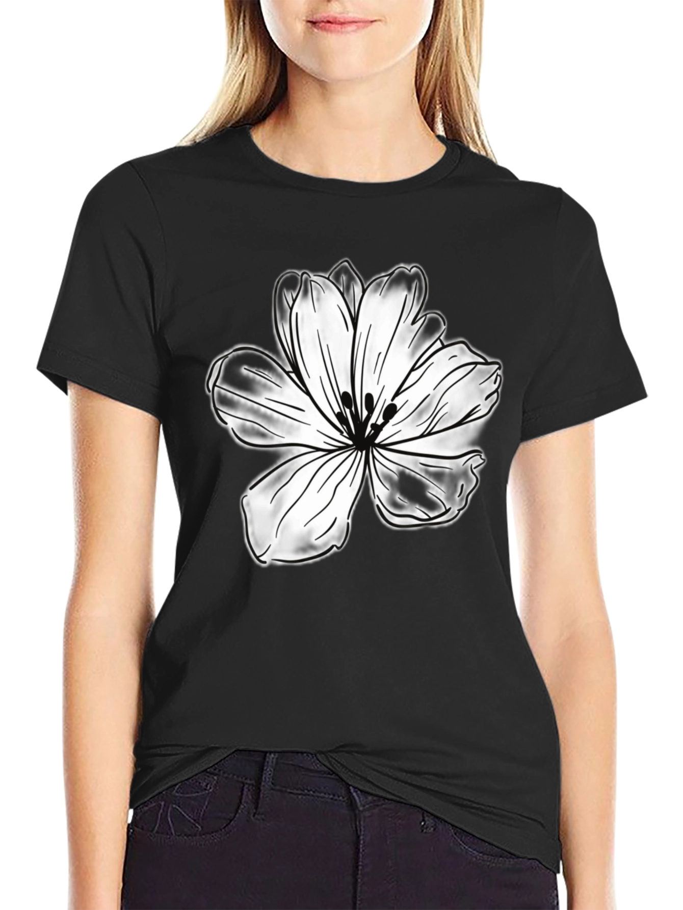 Black T-Shirt with White Flower Graphic
