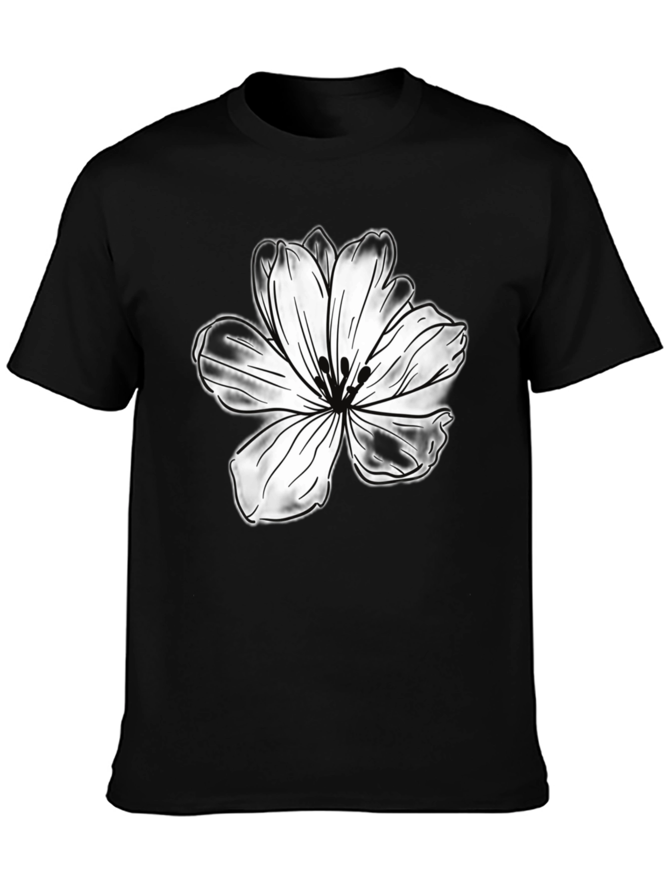 Black T-Shirt with White Flower Graphic
