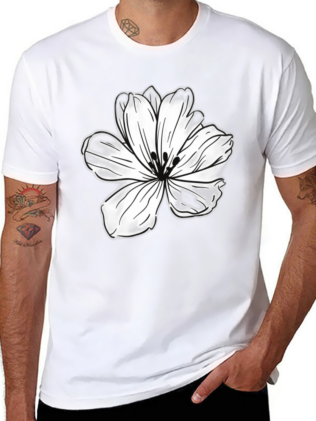 Black T-Shirt with White Flower Graphic
