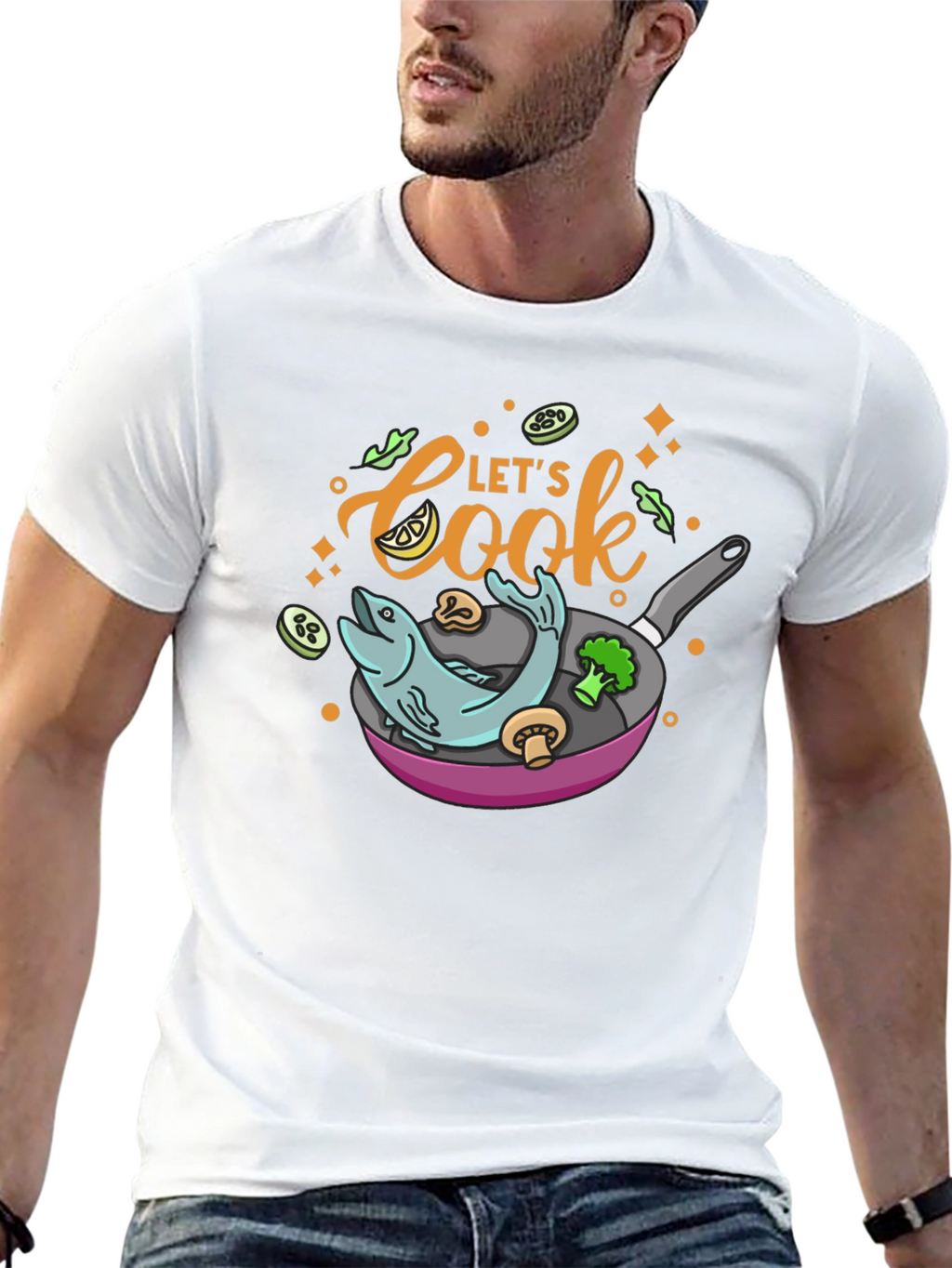 Lets Cook T-Shirt - Fish & Veggie Pan Design