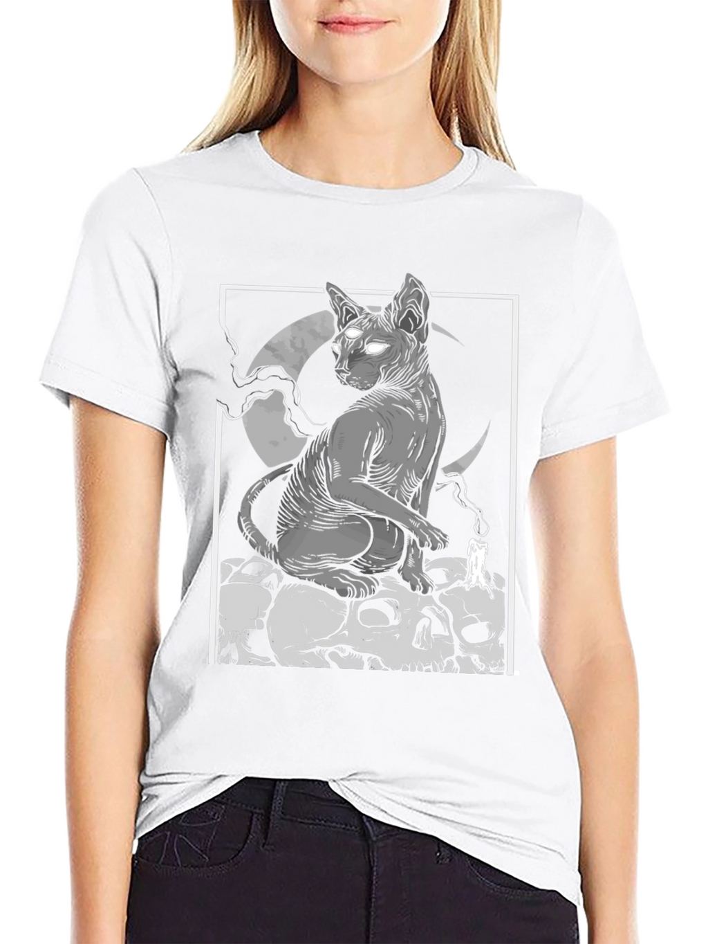 Gothic Cat Skull Pile Graphic T-Shirt