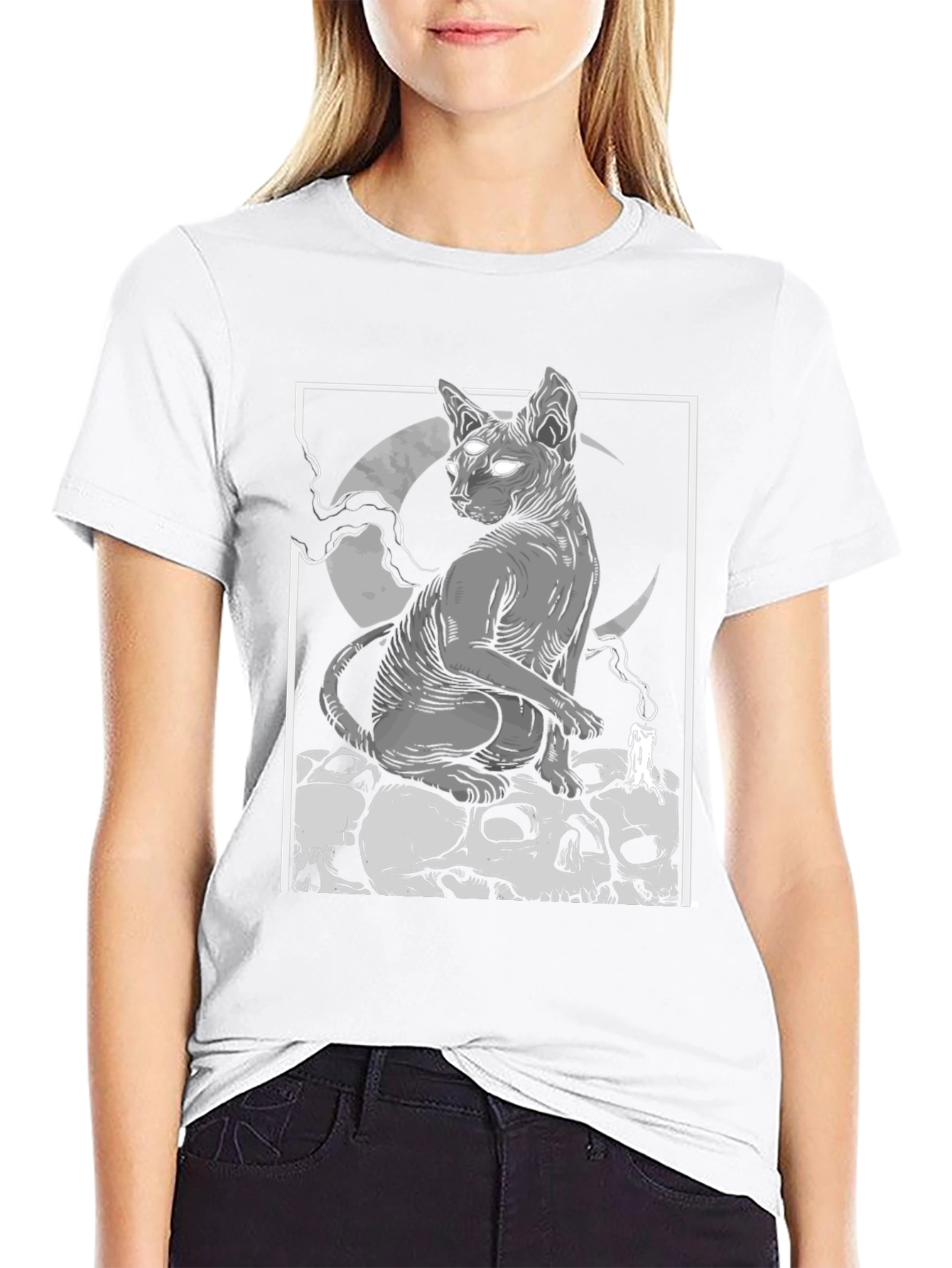 Gothic Cat Skull Pile Graphic T-Shirt
