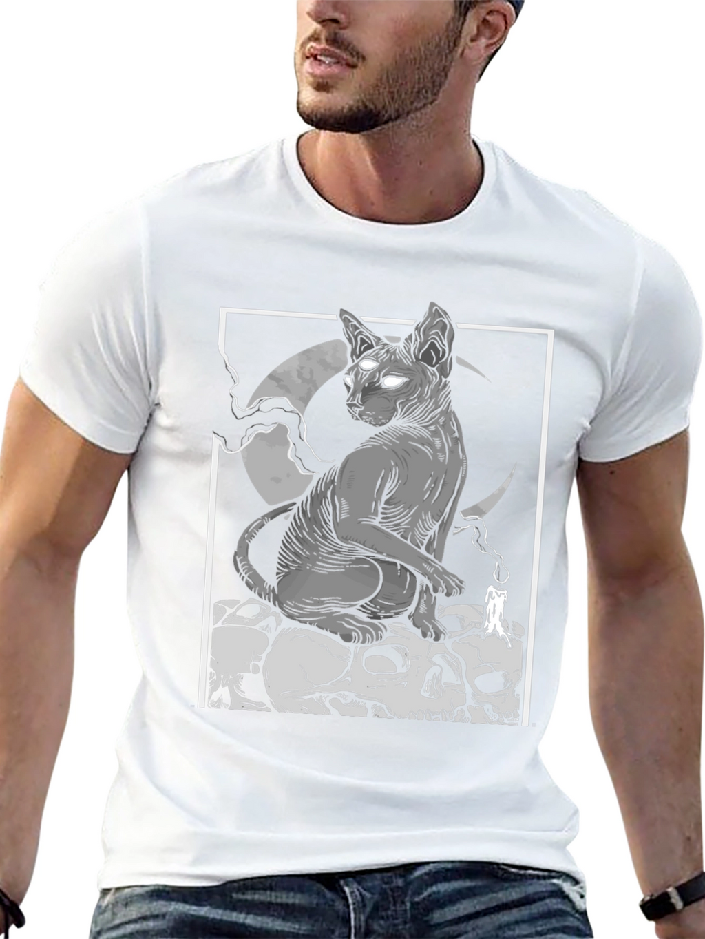 Gothic Cat Skull Pile Graphic T-Shirt
