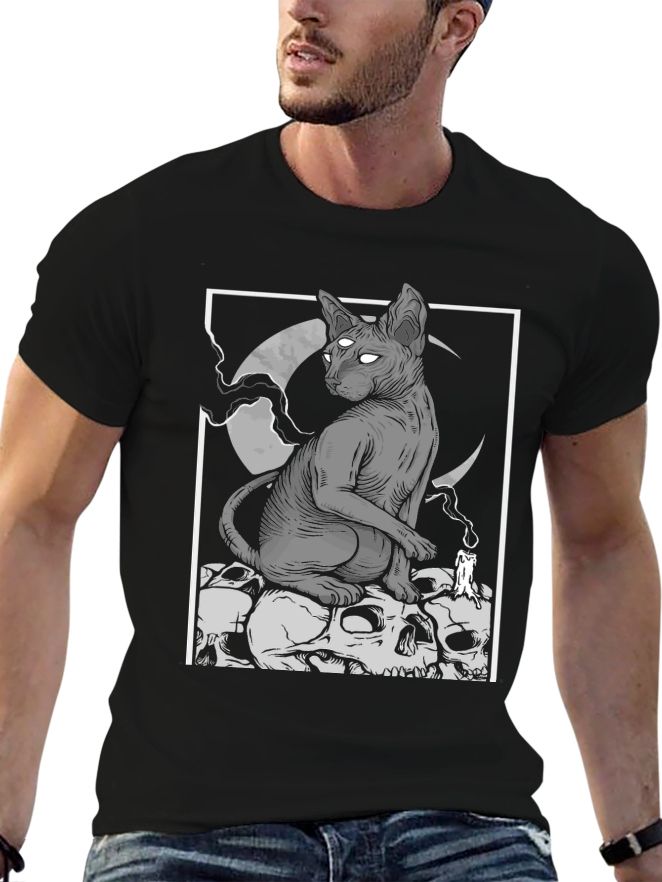 Gothic Cat Skull Pile Graphic T-Shirt