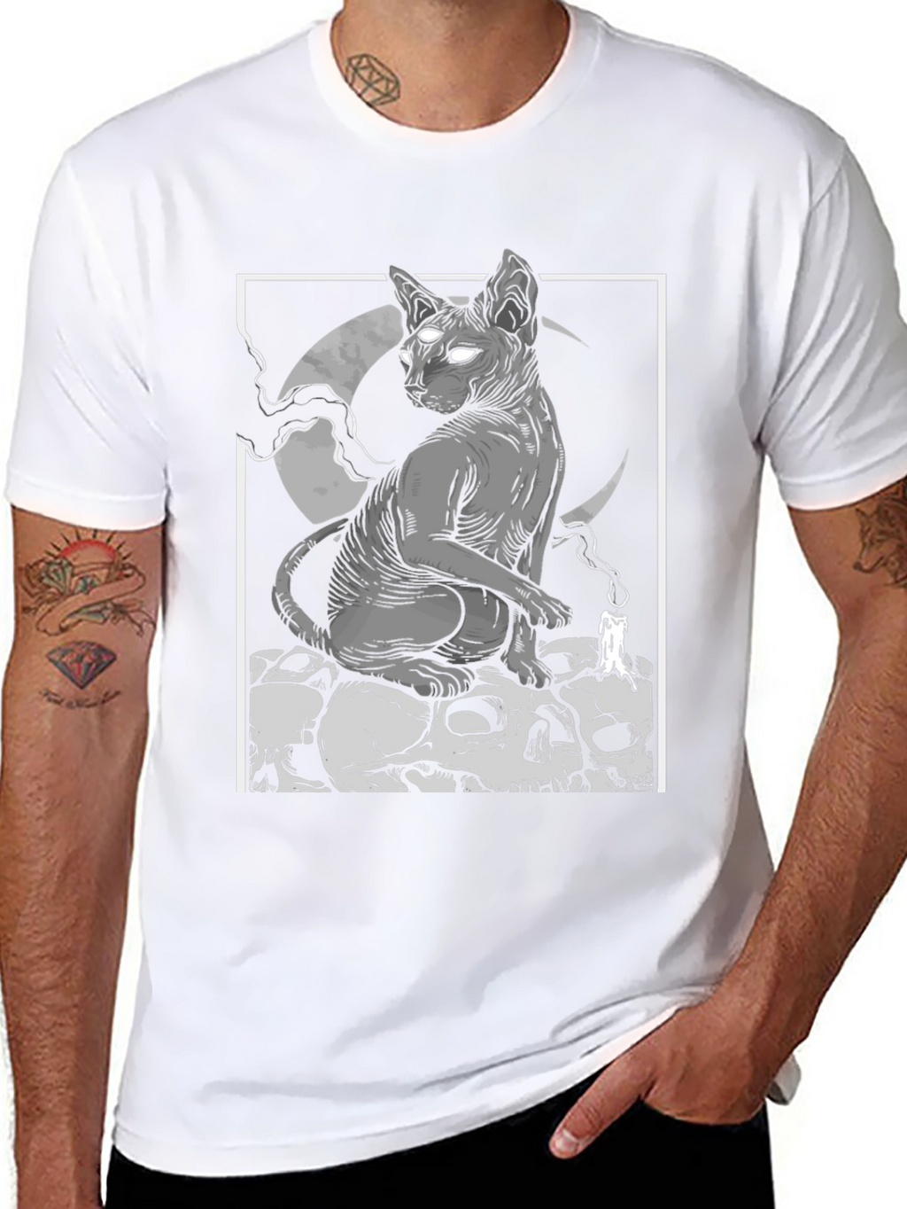 Gothic Cat Skull Pile Graphic T-Shirt