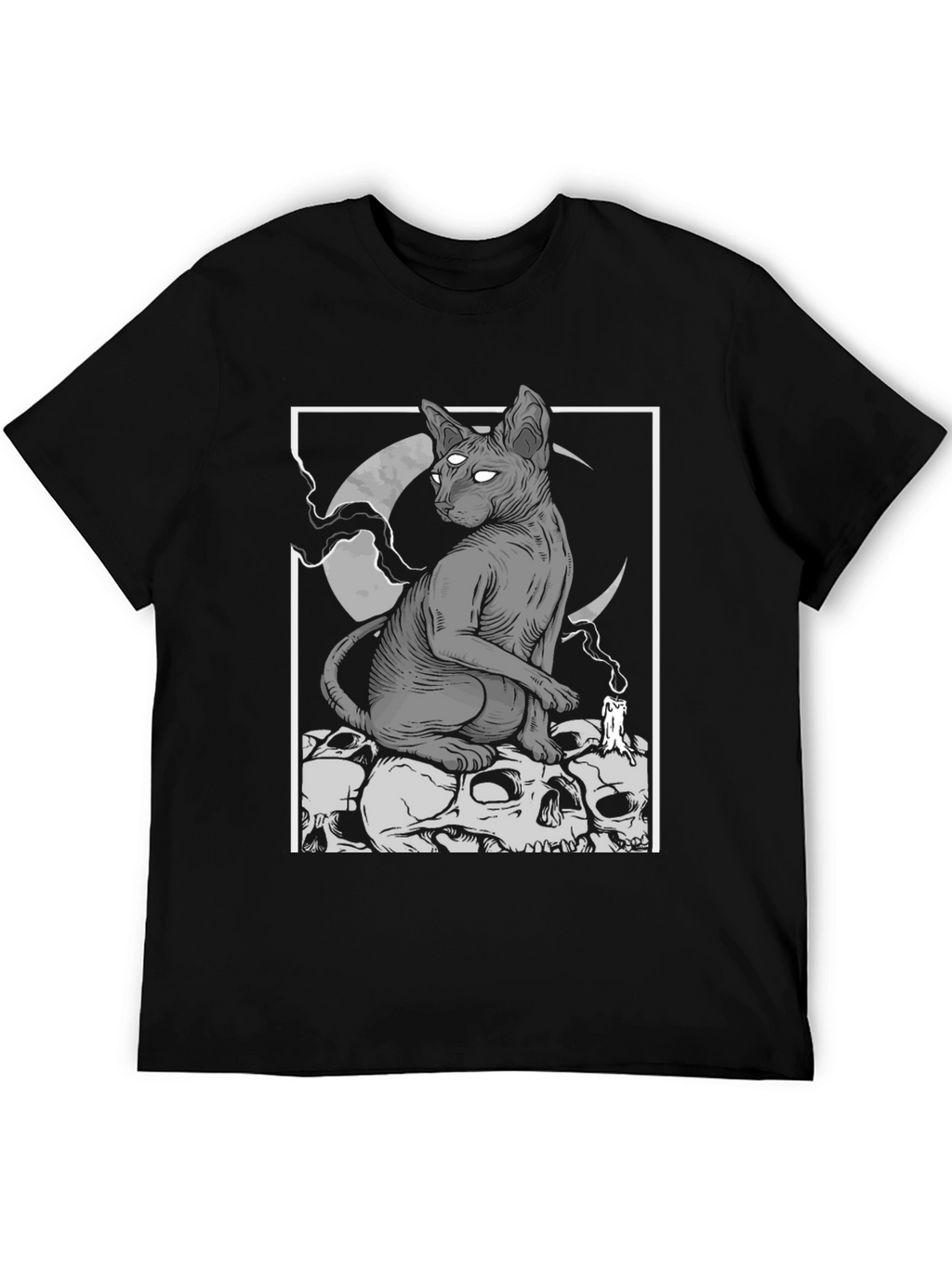 Gothic Cat Skull Pile Graphic T-Shirt