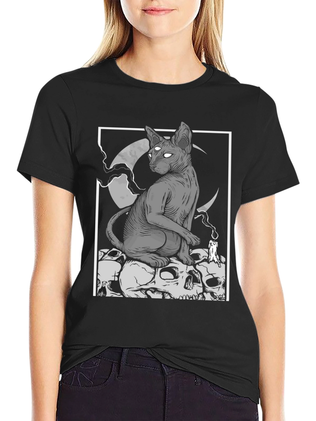 Gothic Cat Skull Pile Graphic T-Shirt