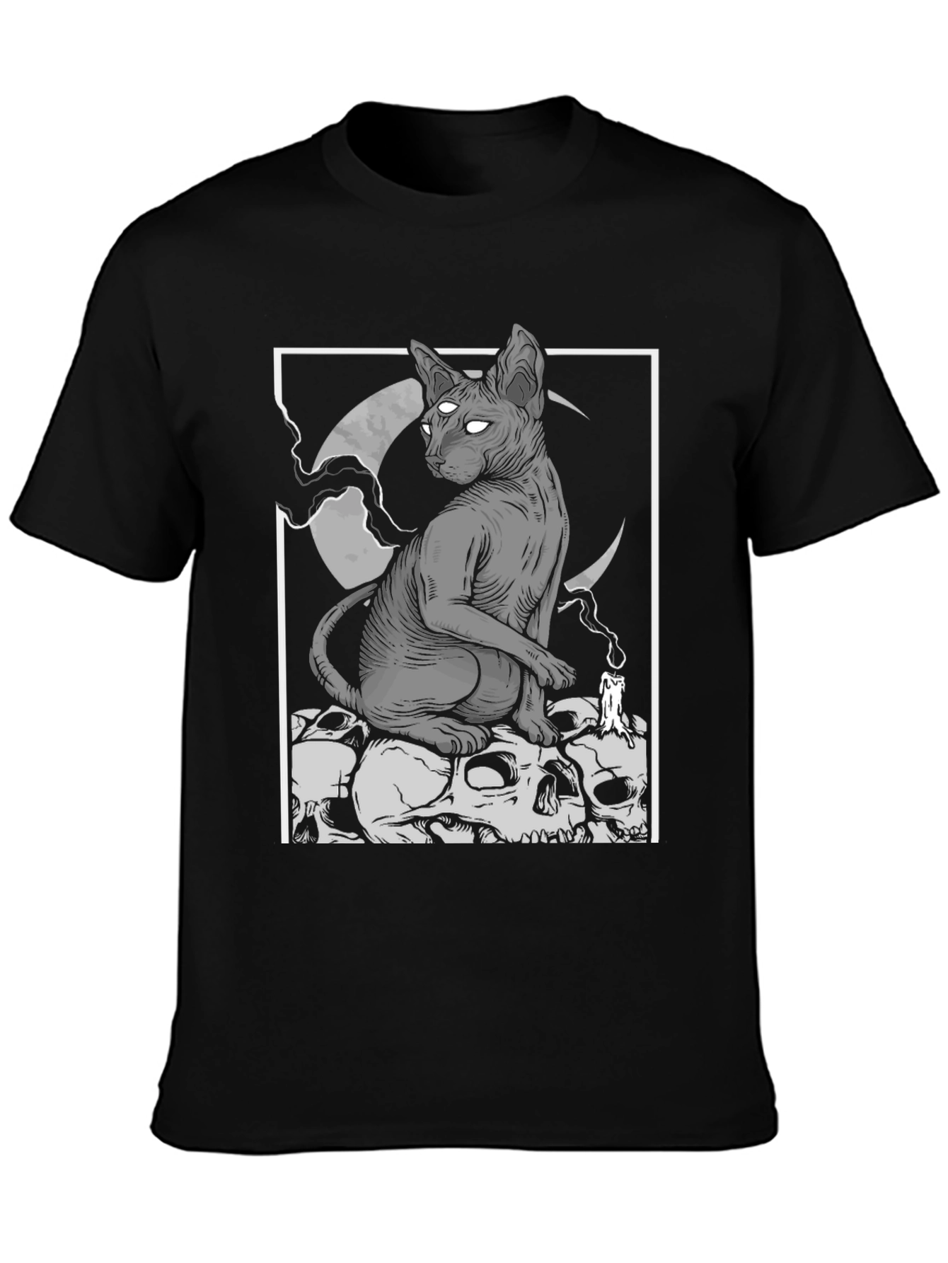 Gothic Cat Skull Pile Graphic T-Shirt