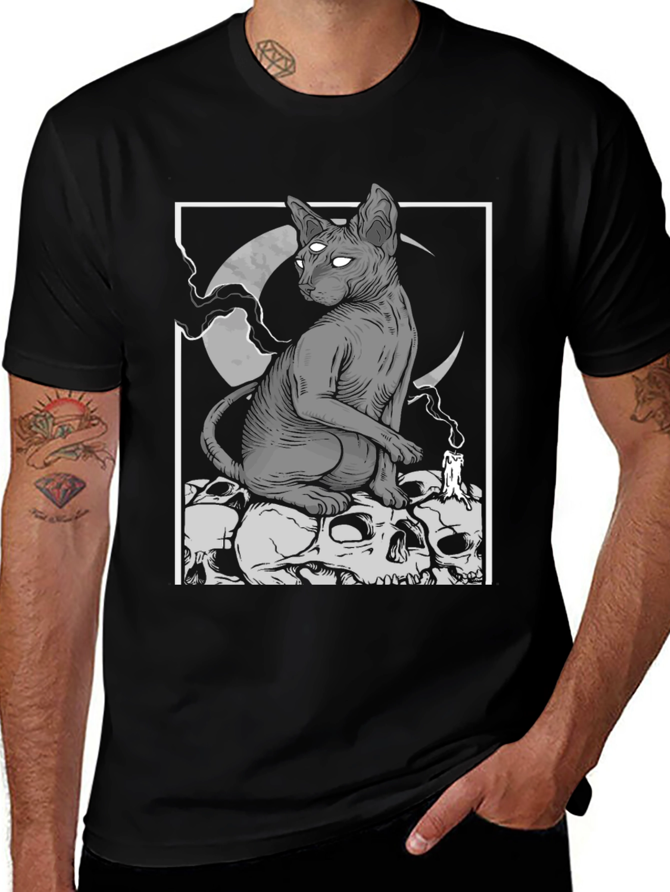 Gothic Cat Skull Pile Graphic T-Shirt