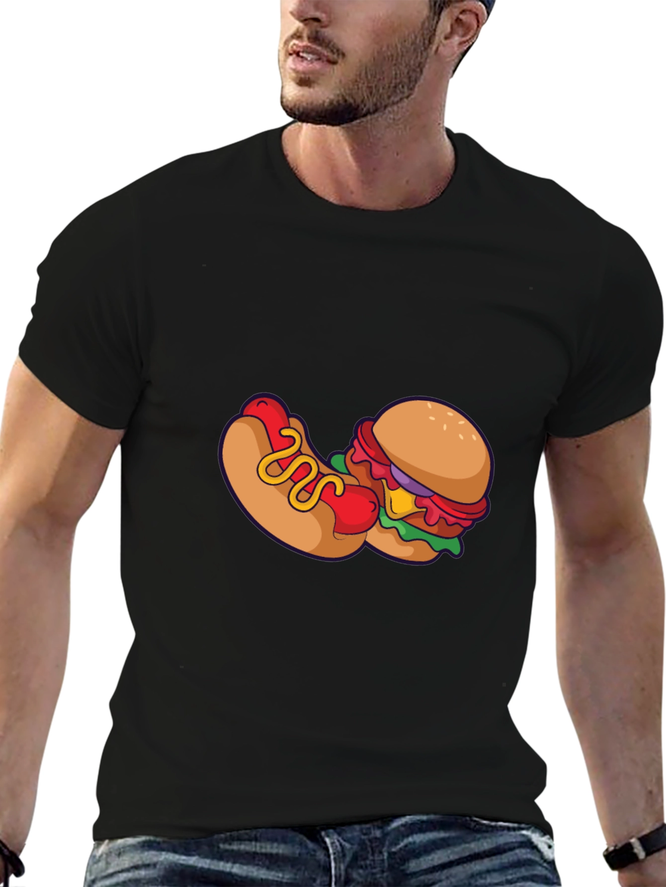 Novelty Burger & Hotdog Graphic Print T-Shirt