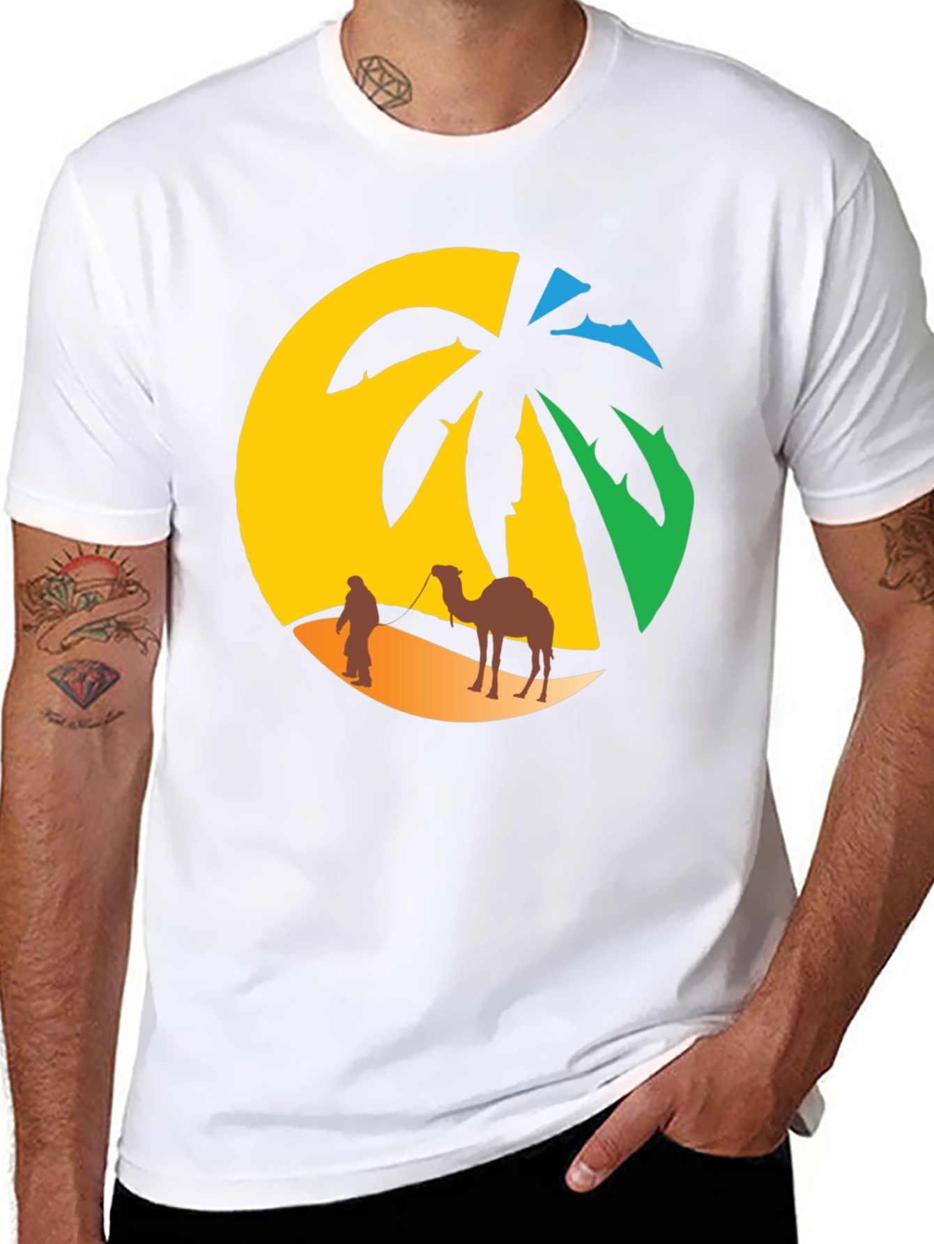 Desert Oasis T-Shirt: Camel & Palm Tree Design