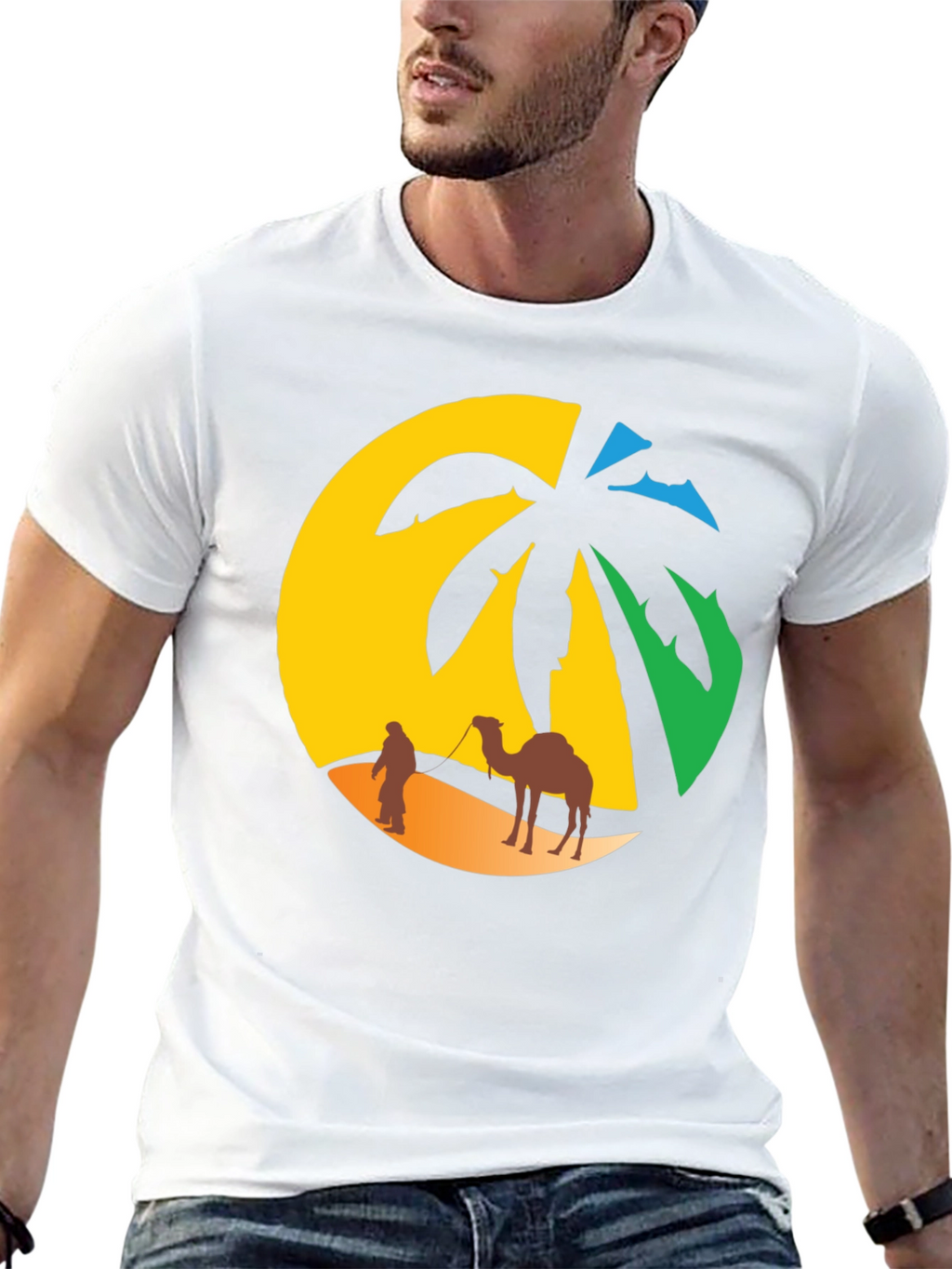 Desert Oasis T-Shirt: Camel & Palm Tree Design
