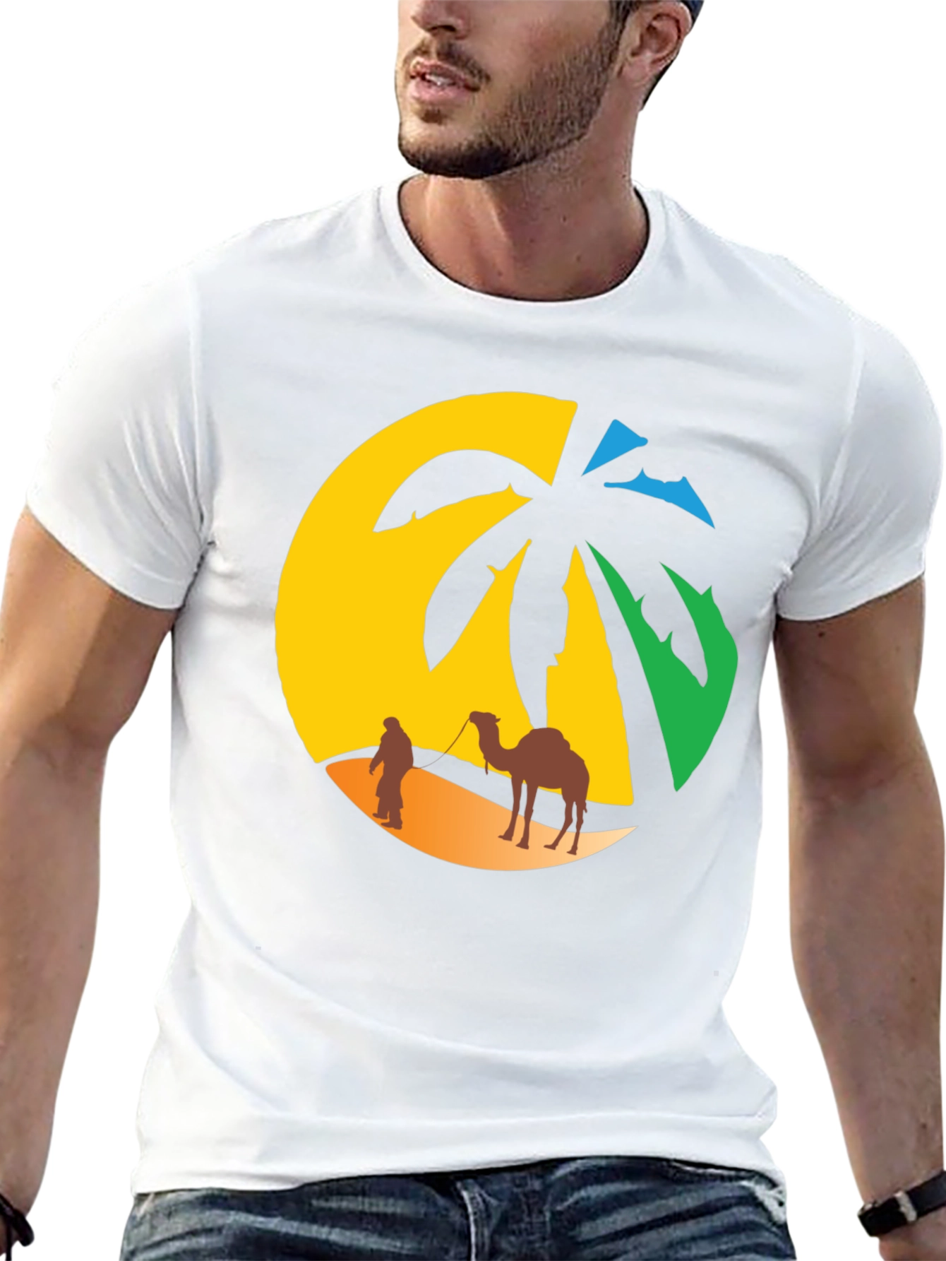 Desert Oasis T-Shirt: Camel & Palm Tree Design