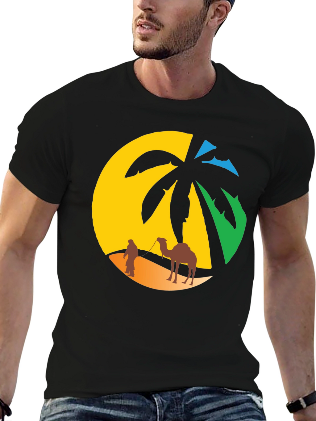 Desert Oasis T-Shirt: Camel & Palm Tree Design
