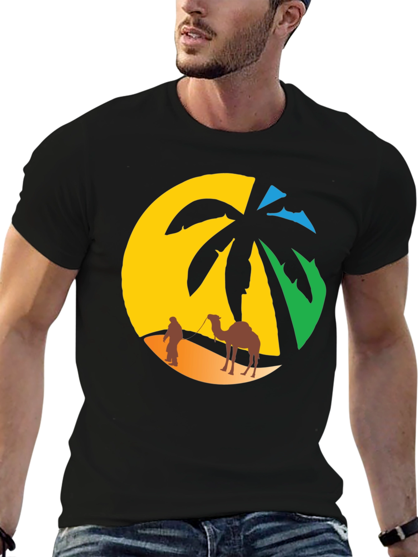 Desert Oasis T-Shirt: Camel & Palm Tree Design