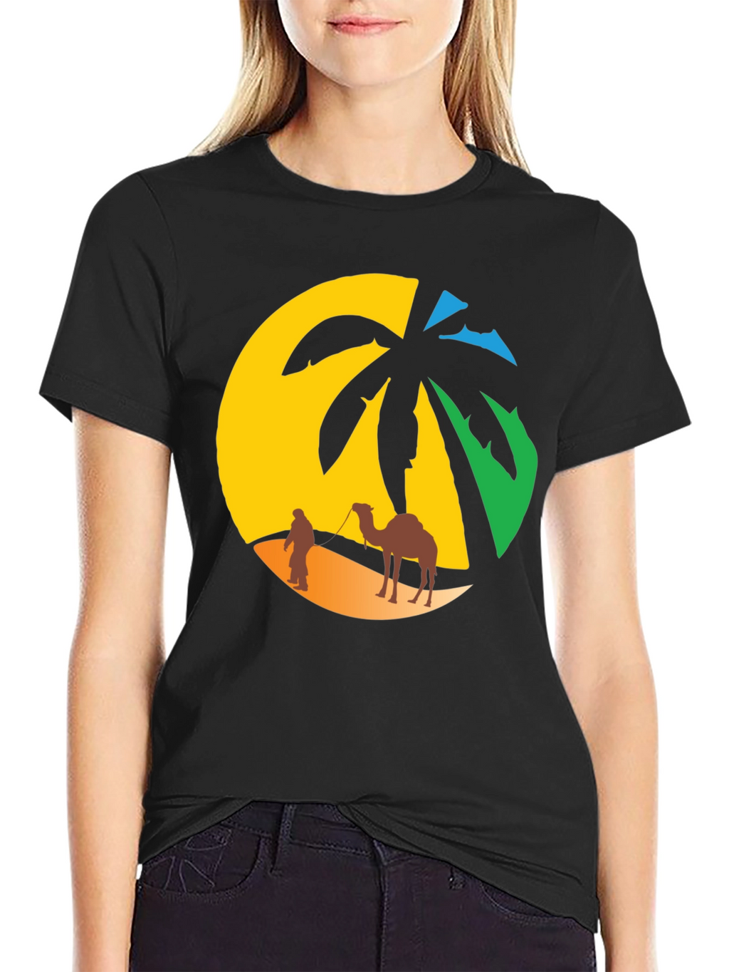 Desert Oasis T-Shirt: Camel & Palm Tree Design