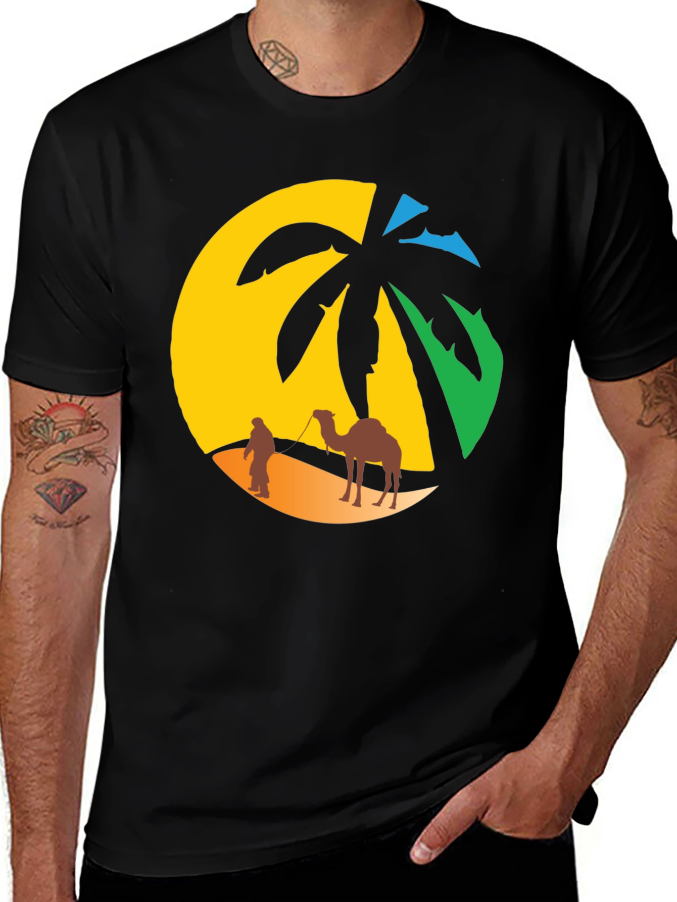 Desert Oasis T-Shirt: Camel & Palm Tree Design