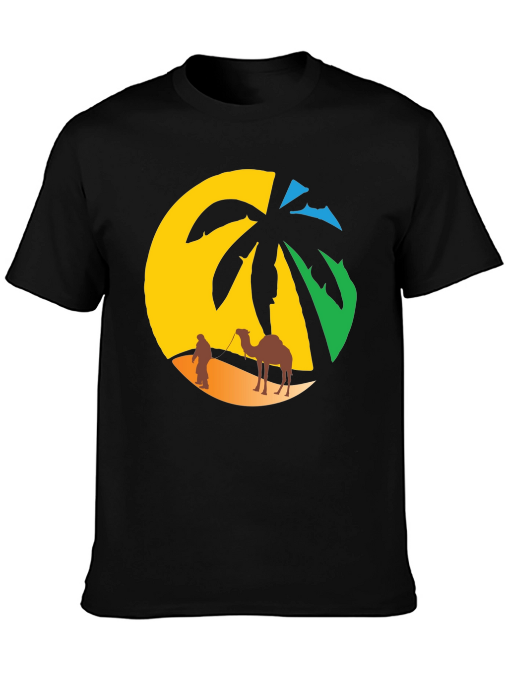 Desert Oasis T-Shirt: Camel & Palm Tree Design