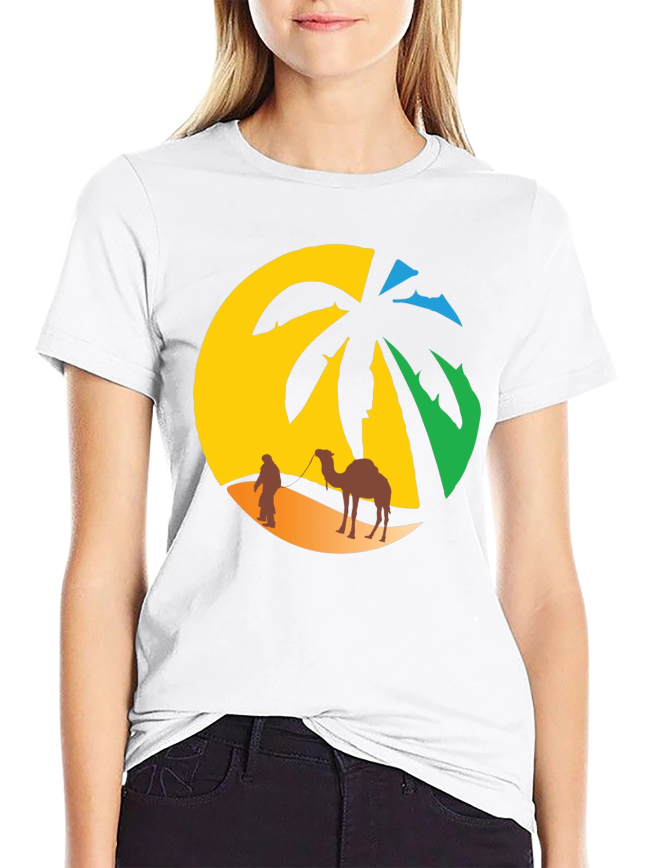 Desert Oasis T-Shirt: Camel & Palm Tree Design