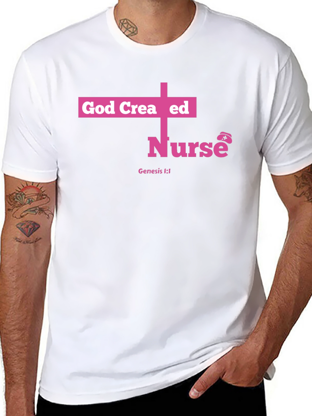 God Created Nurse T-Shirt - Pink Cross Design