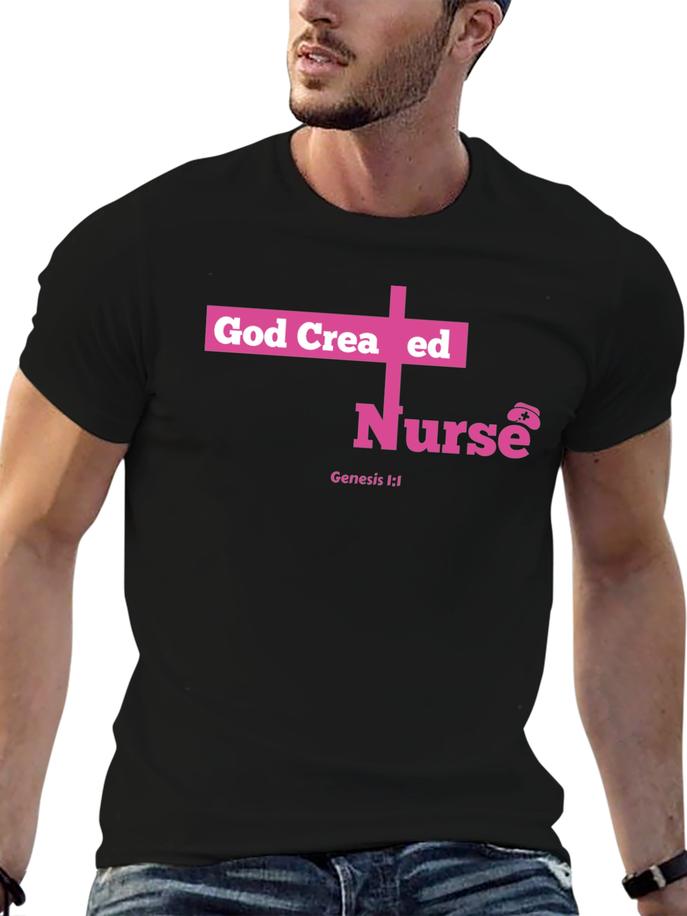 God Created Nurse T-Shirt - Pink Cross Design