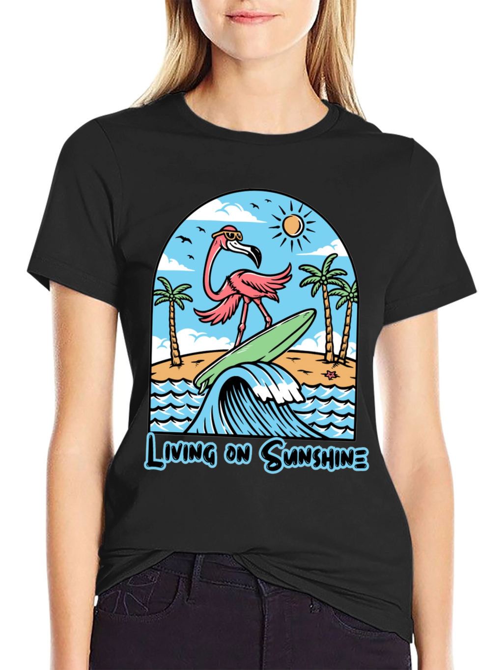 Living on Sunshine Flamingo Surf T-Shirt