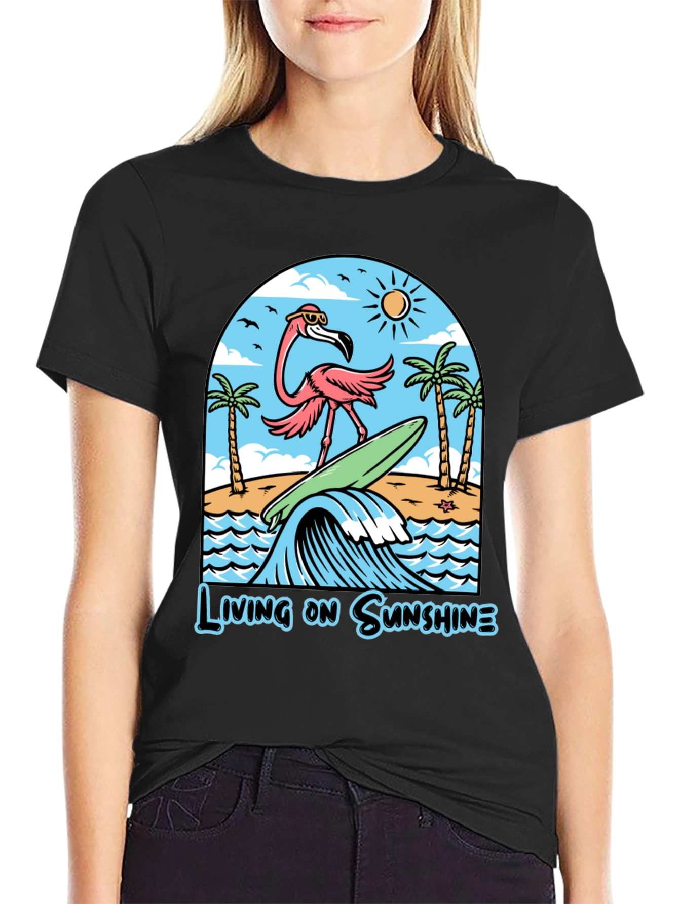 Living on Sunshine Flamingo Surf T-Shirt