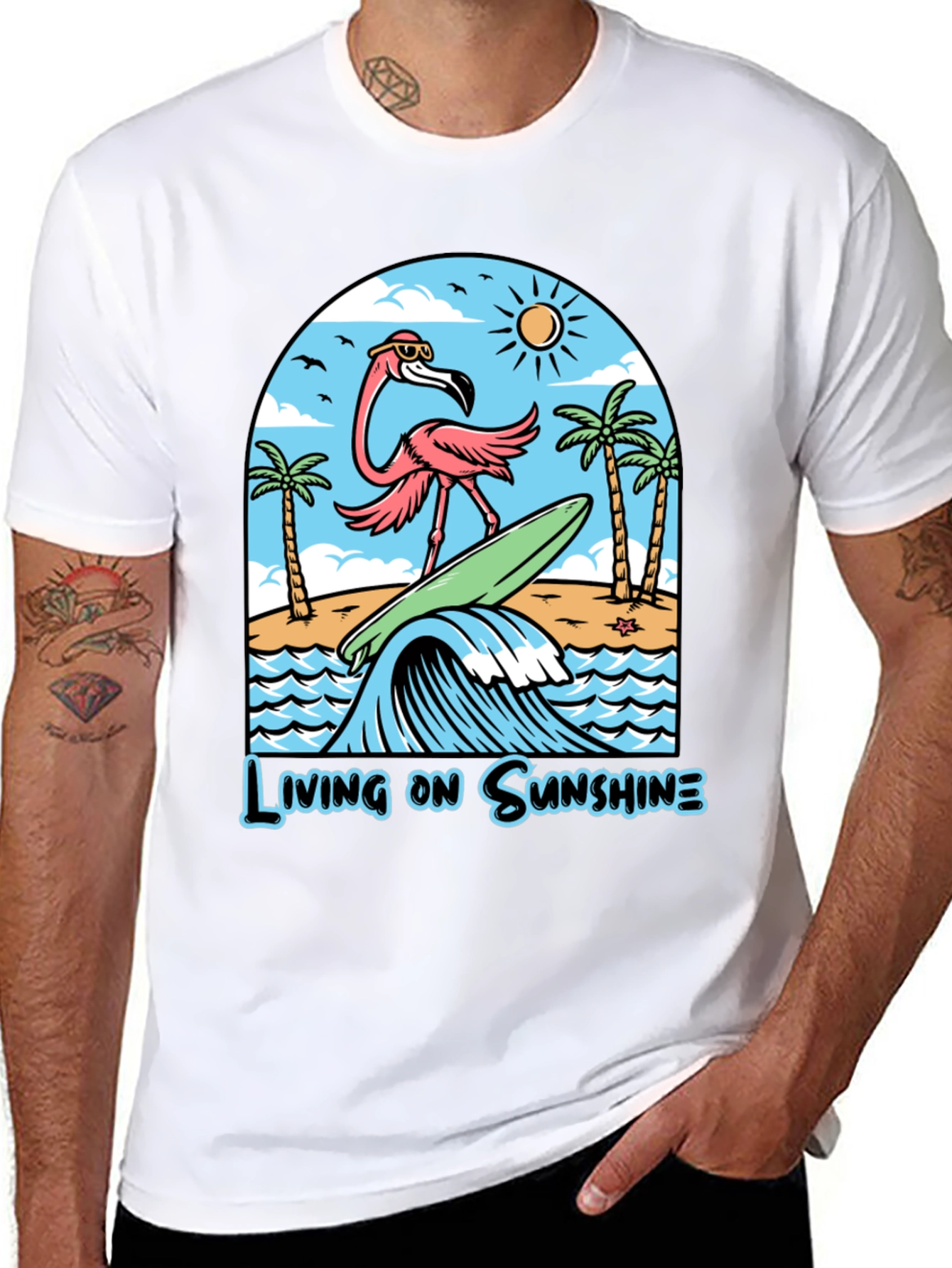 Living on Sunshine Flamingo Surf T-Shirt