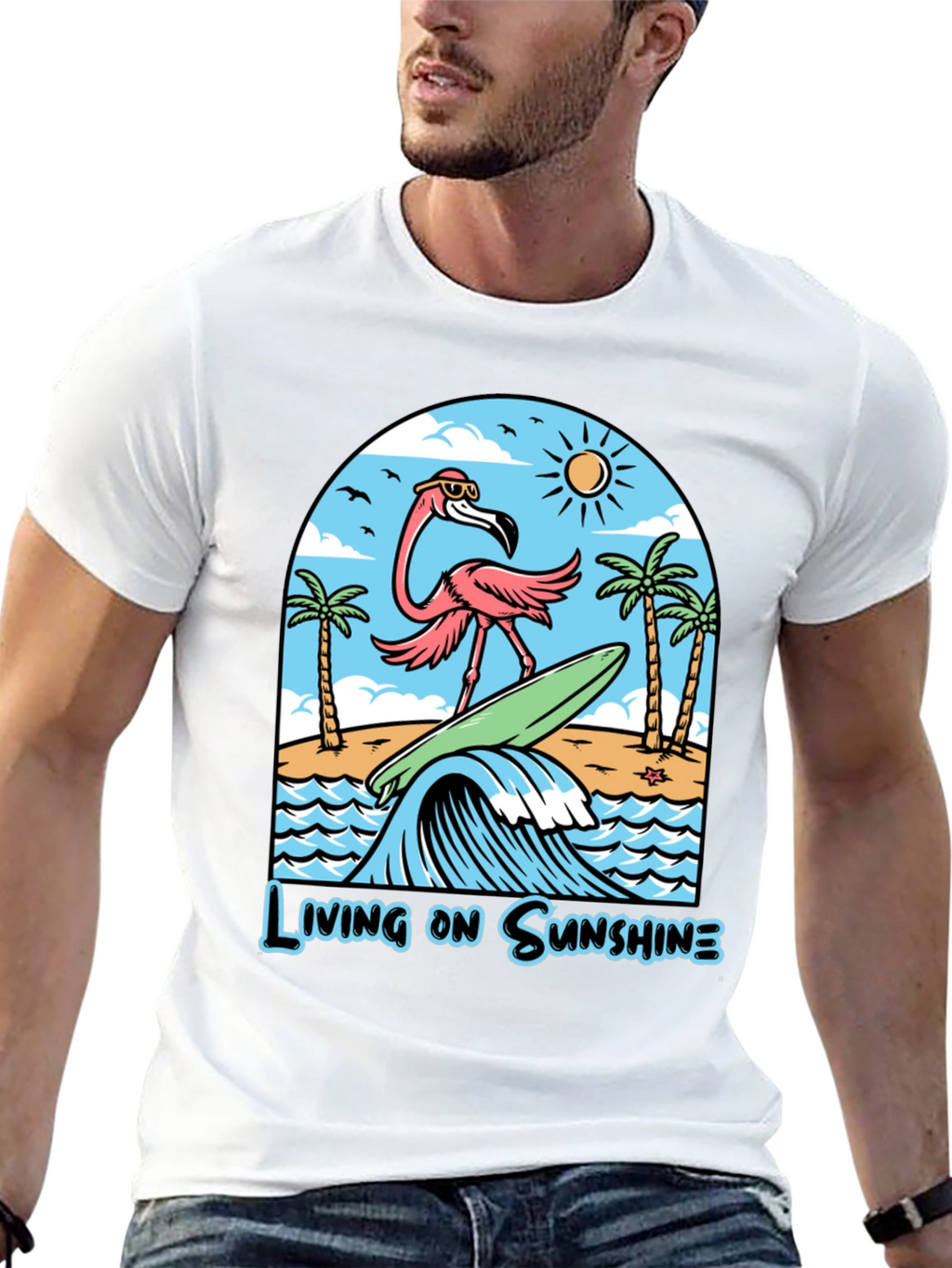 Living on Sunshine Flamingo Surf T-Shirt