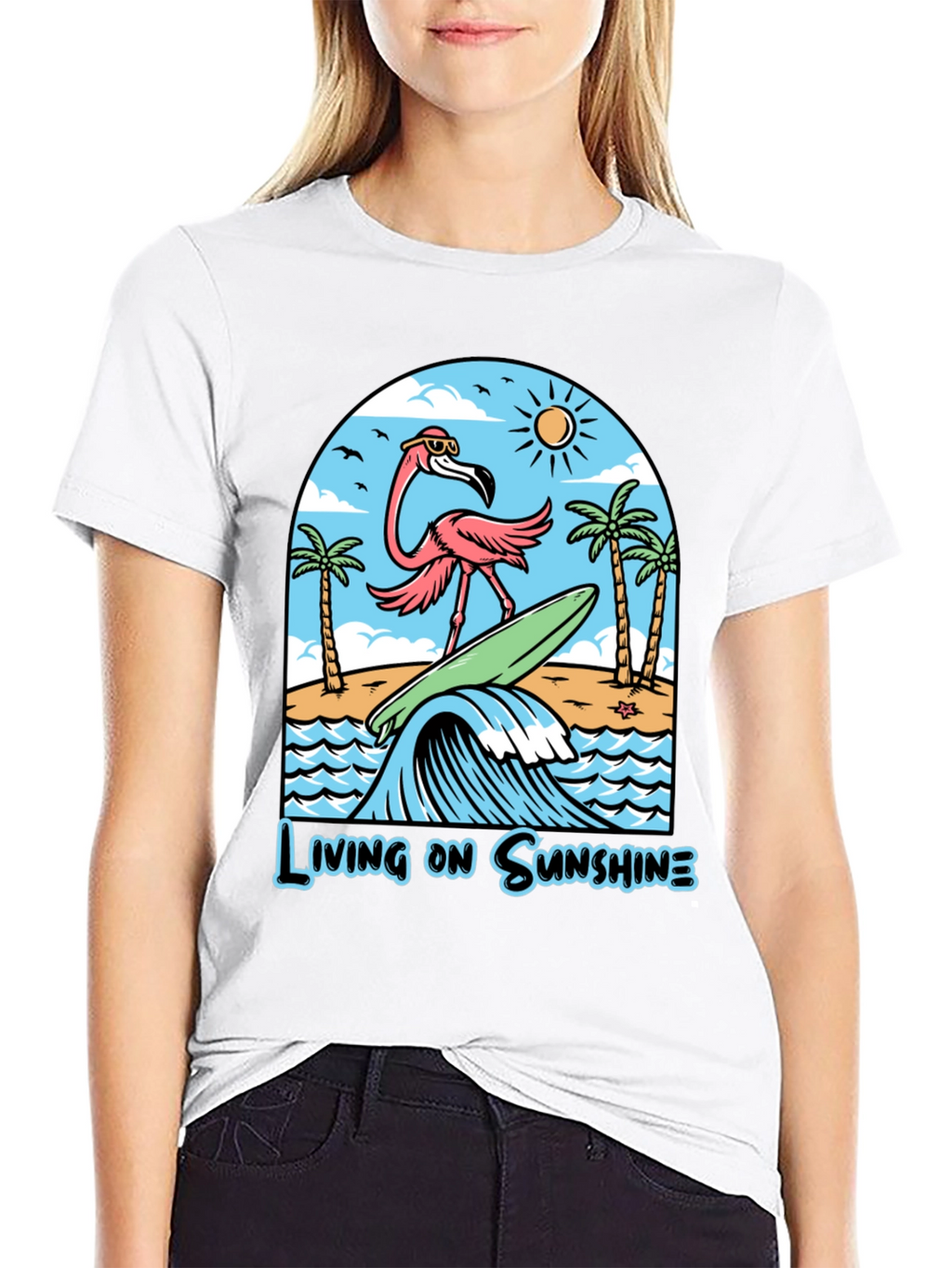 Living on Sunshine Flamingo Surf T-Shirt