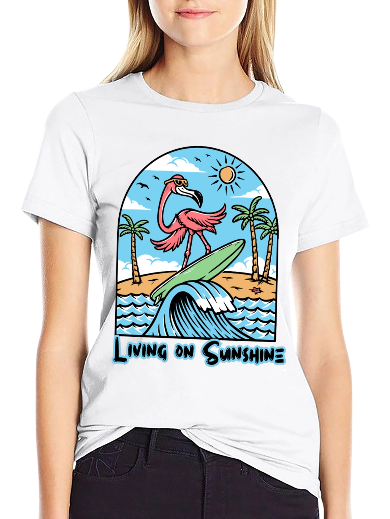 Living on Sunshine Flamingo Surf T-Shirt
