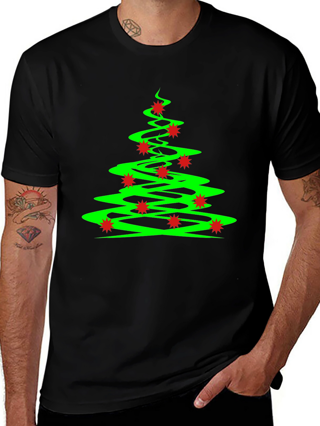 Festive Christmas Tree Graphic Tee - Black Cotton