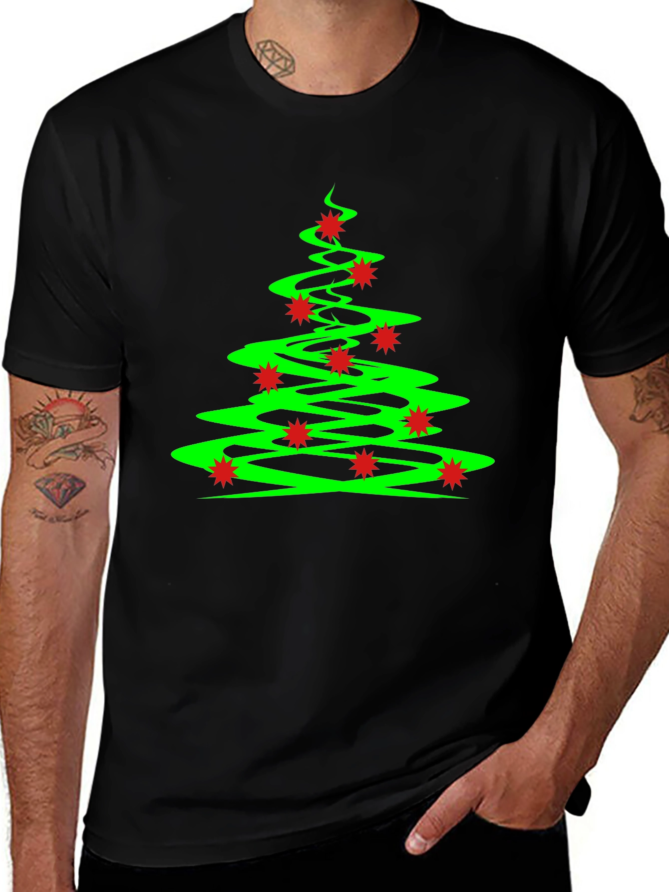 Festive Christmas Tree Graphic Tee - Black Cotton