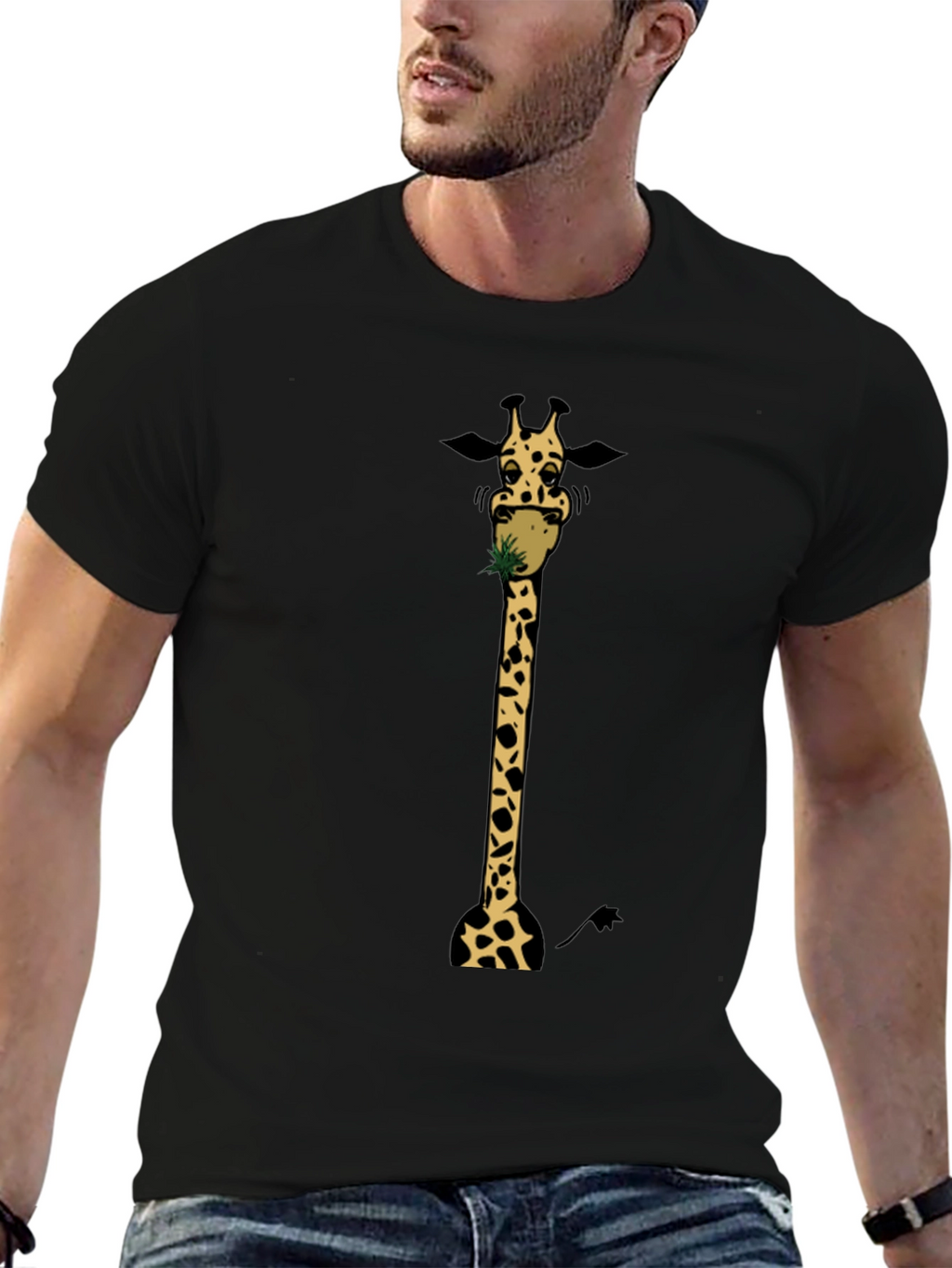 Giraffe Eating Graphic Tee - Black Cotton T-Shirt