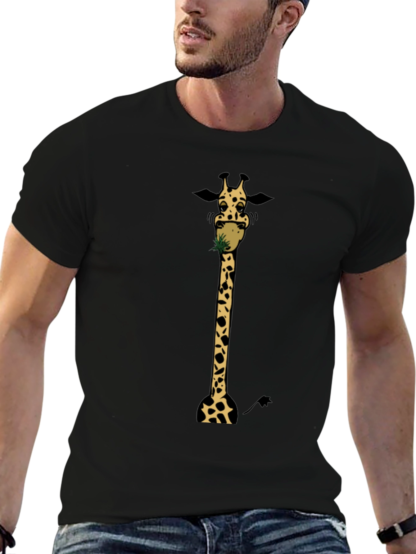 Giraffe Eating Graphic Tee - Black Cotton T-Shirt