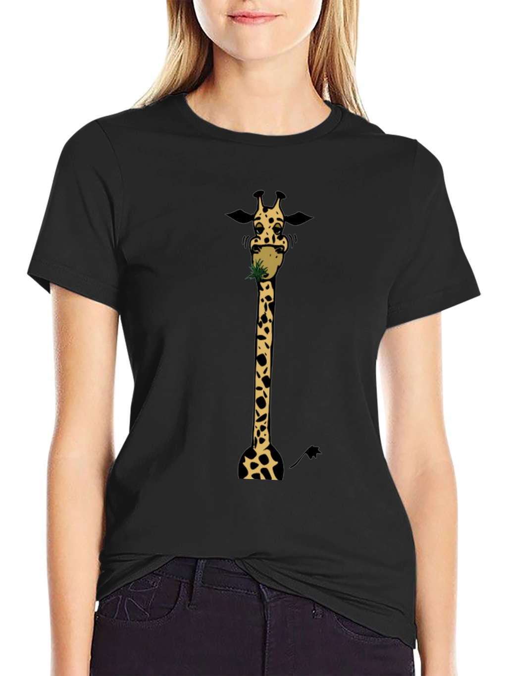 Giraffe Eating Graphic Tee - Black Cotton T-Shirt
