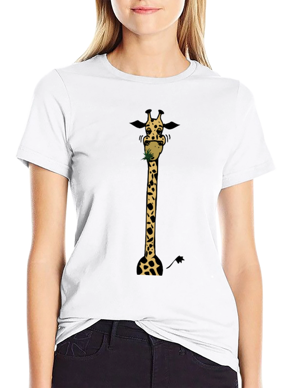 Giraffe Eating Graphic Tee - Black Cotton T-Shirt