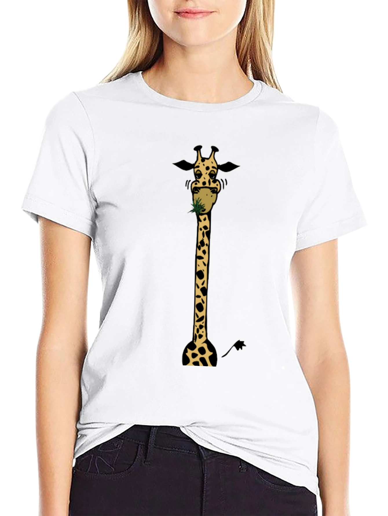 Giraffe Eating Graphic Tee - Black Cotton T-Shirt