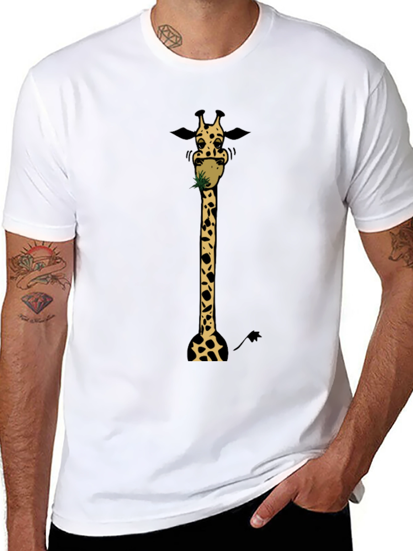 Giraffe Eating Graphic Tee - Black Cotton T-Shirt