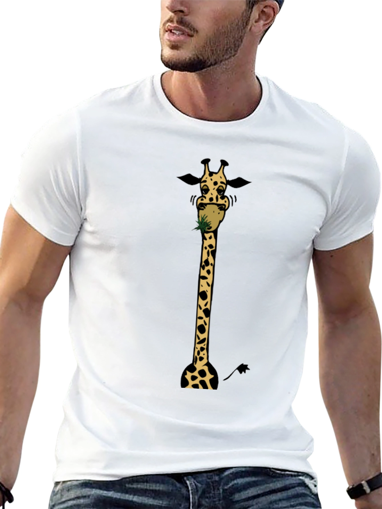 Giraffe Eating Graphic Tee - Black Cotton T-Shirt